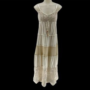 Hazel Boho Cream Floral Crochet/Beads Maxi Cotton Dress Lined Sheer Sz Large